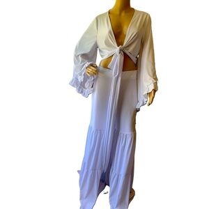 VIVA CHIC White Long Sleeve V-Neck Tie Front Palazzo Pants Set Size 1XL